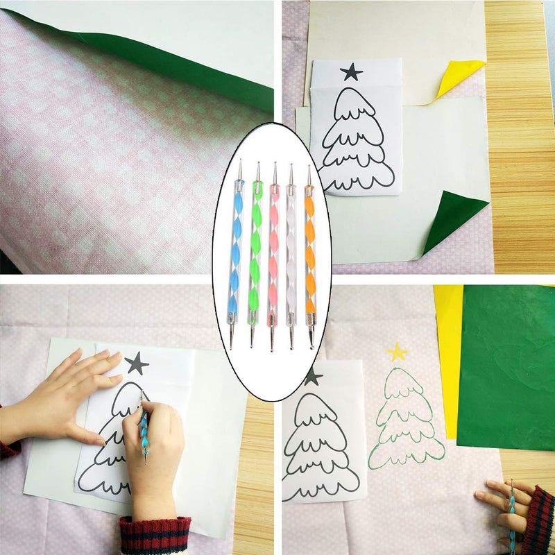 Oubaka 30 Sheets Carbon Transfer Paper,Tracing Paper Carbon Graphite Copy Paper with 5 Pieces Embossing Styluses Stylus Dotting Tools for Wood,Paper,Canvas and Other Art Surfaces 8.3 x 11.7 inches(6 Colors) - Image 5
